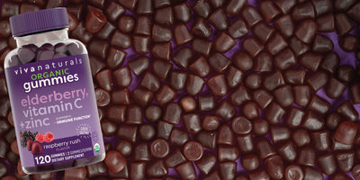 elderberry gummies bottle with a bunch of gummies behind it