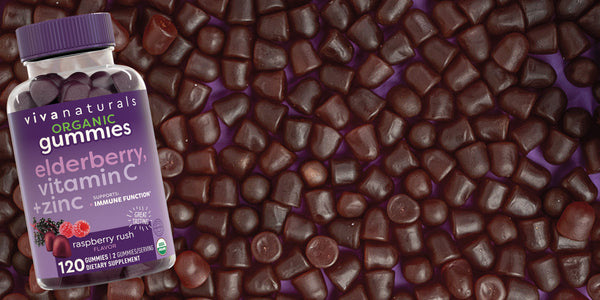 elderberry gummies bottle with a bunch of gummies behind it