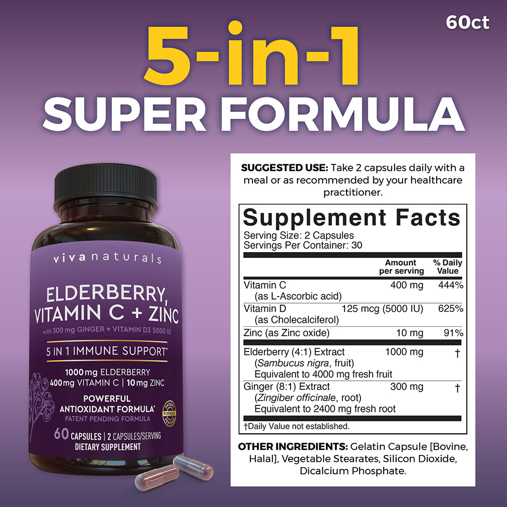 Viva Naturals Elderberry, Vitamin C + Zinc 5 in 1 Immunity