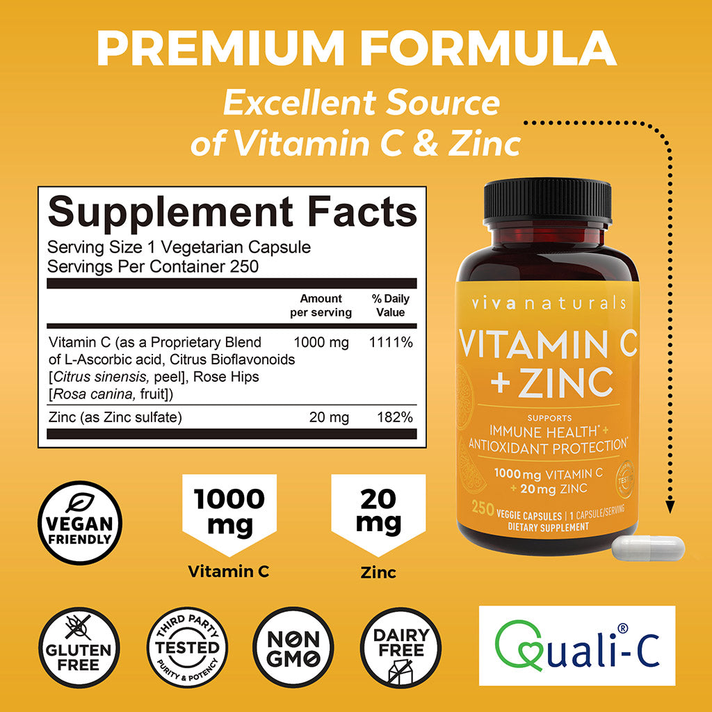 Viva Naturals Vitamin C + Zinc – 250 Veggie Capsules