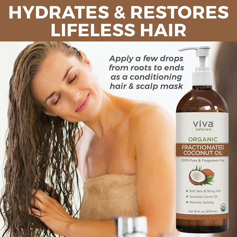 Viva Naturals Organic Fractionated Coconut Oil - Skin & Hair Moisturizer,  Relaxing Massage and Body Oil, Carrier Oil for Essential Oils Mixing, Pure